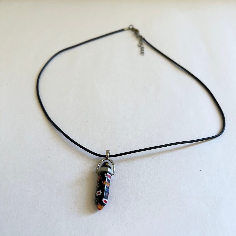 Black Floral Millefiori Glass Pendant Necklace on Black Wax Cord